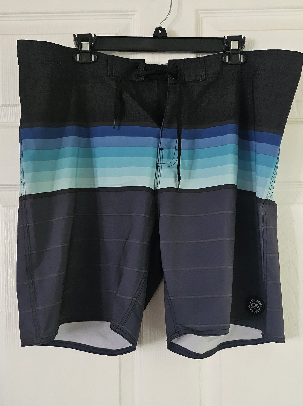 Ron Jon Men's Black and Blue Striped Swim Shorts